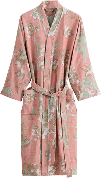 Womens Boho Floral Print Robe Lightweight Short Sleeve Bathrobe Soft Kimono Robes V-neck Loungewear with Pockets