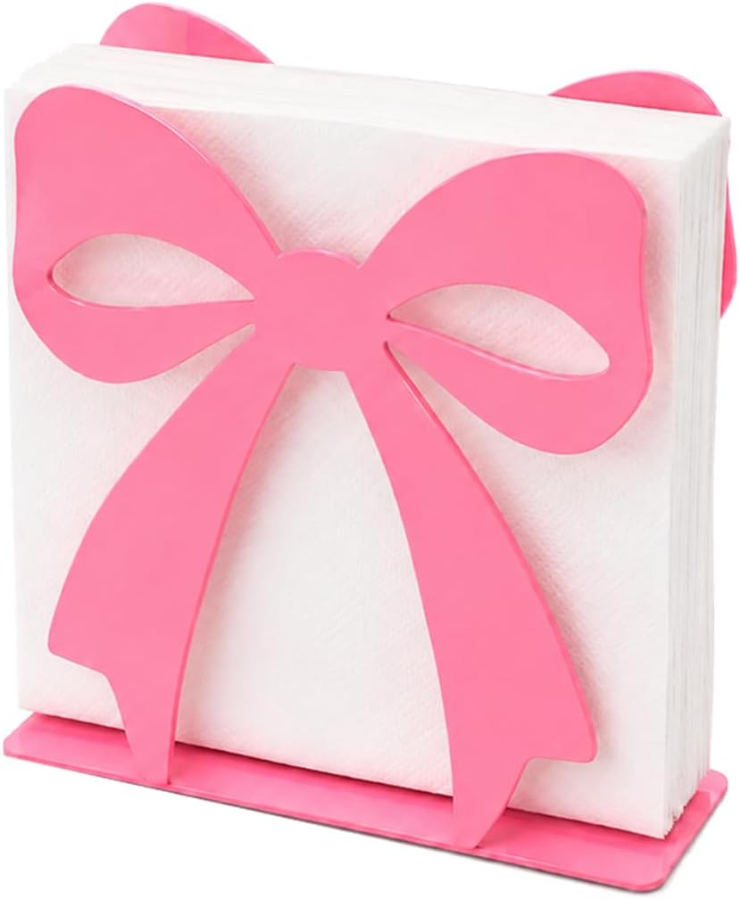 Pink Bow Napkin Holder Metal Tabletop Tissue Organizer for Wedding Baby Shower Birthday Party Dining Room Kitchen Decorations(Pink)