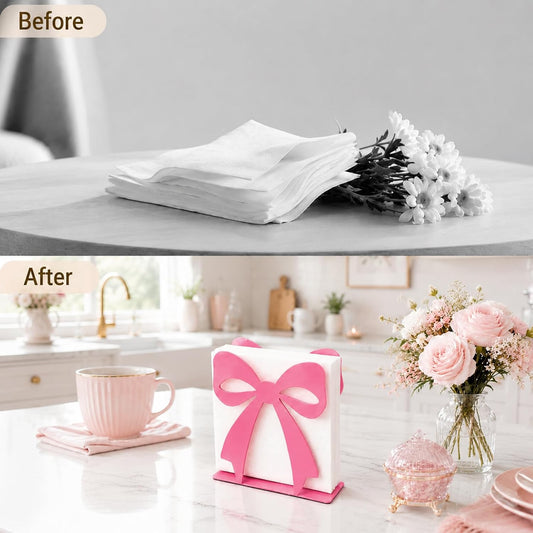 Pink Bow Napkin Holder Metal Tabletop Tissue Organizer for Wedding Baby Shower Birthday Party Dining Room Kitchen Decorations(Pink)