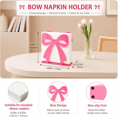 Pink Bow Napkin Holder Metal Tabletop Tissue Organizer for Wedding Baby Shower Birthday Party Dining Room Kitchen Decorations(Pink)