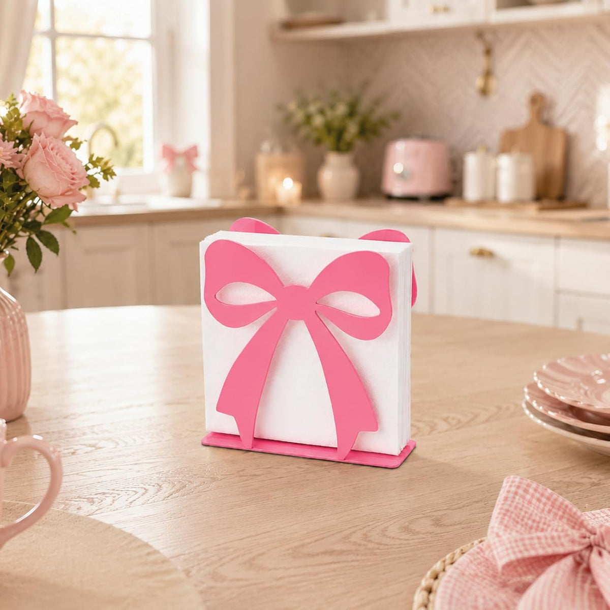 Pink Bow Napkin Holder Metal Tabletop Tissue Organizer for Wedding Baby Shower Birthday Party Dining Room Kitchen Decorations(Pink)