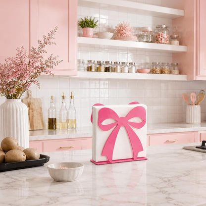 Pink Bow Napkin Holder Metal Tabletop Tissue Organizer for Wedding Baby Shower Birthday Party Dining Room Kitchen Decorations(Pink)