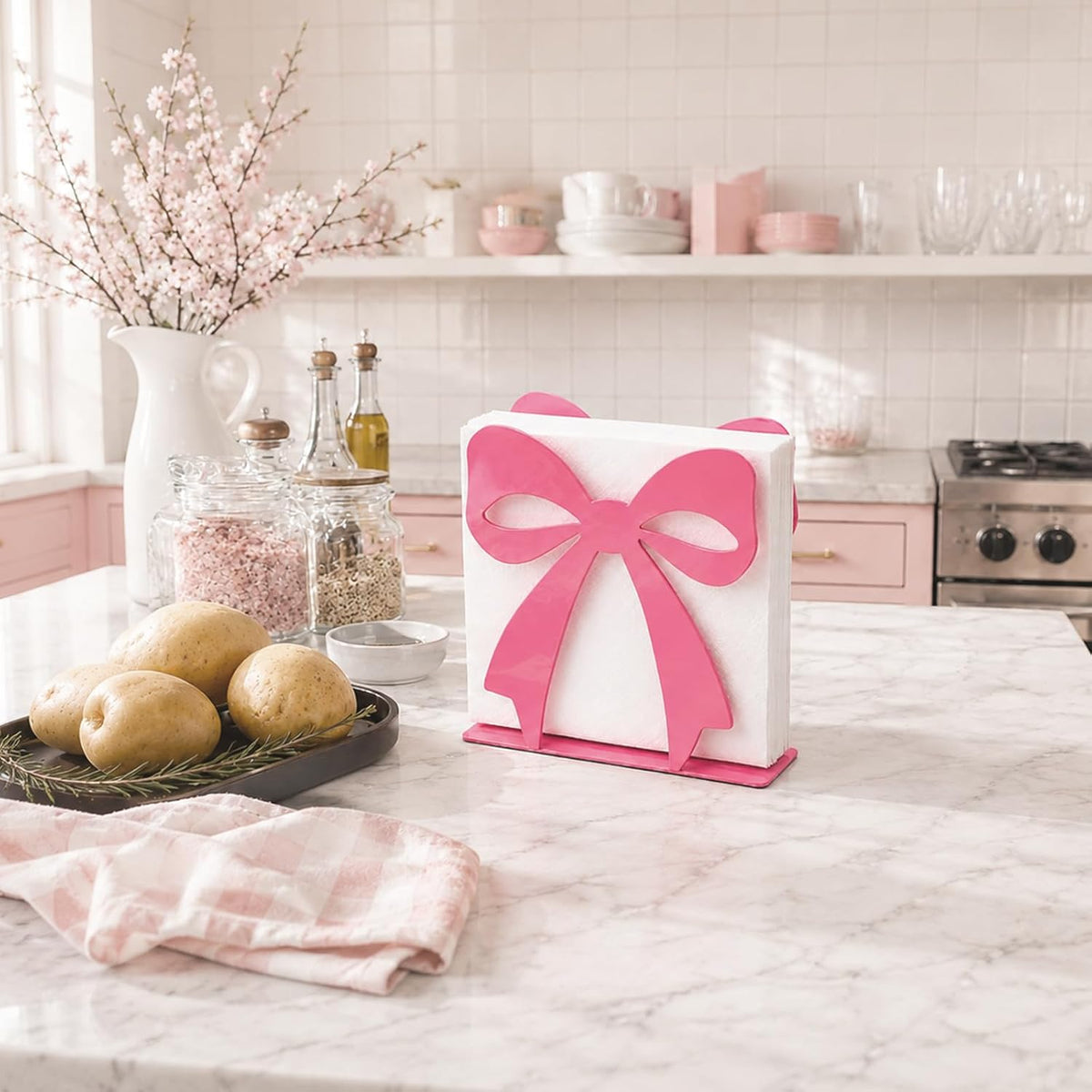 Pink Bow Napkin Holder Metal Tabletop Tissue Organizer for Wedding Baby Shower Birthday Party Dining Room Kitchen Decorations(Pink)