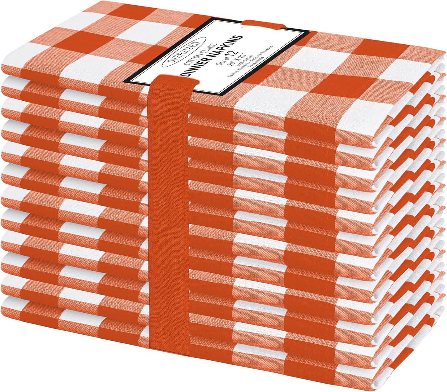 Cotton Clinic Set of 12 Cloth Napkins Gingham Check 100% Cotton 20x20 inches - Soft Durable Washable - Ideal for Events Wedding Holidays Easter - Perfect Everyday Use Table Dinner Napkins Orange