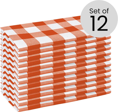 Cotton Clinic Set of 12 Cloth Napkins Gingham Check 100% Cotton 20x20 inches - Soft Durable Washable - Ideal for Events Wedding Holidays Easter - Perfect Everyday Use Table Dinner Napkins Orange