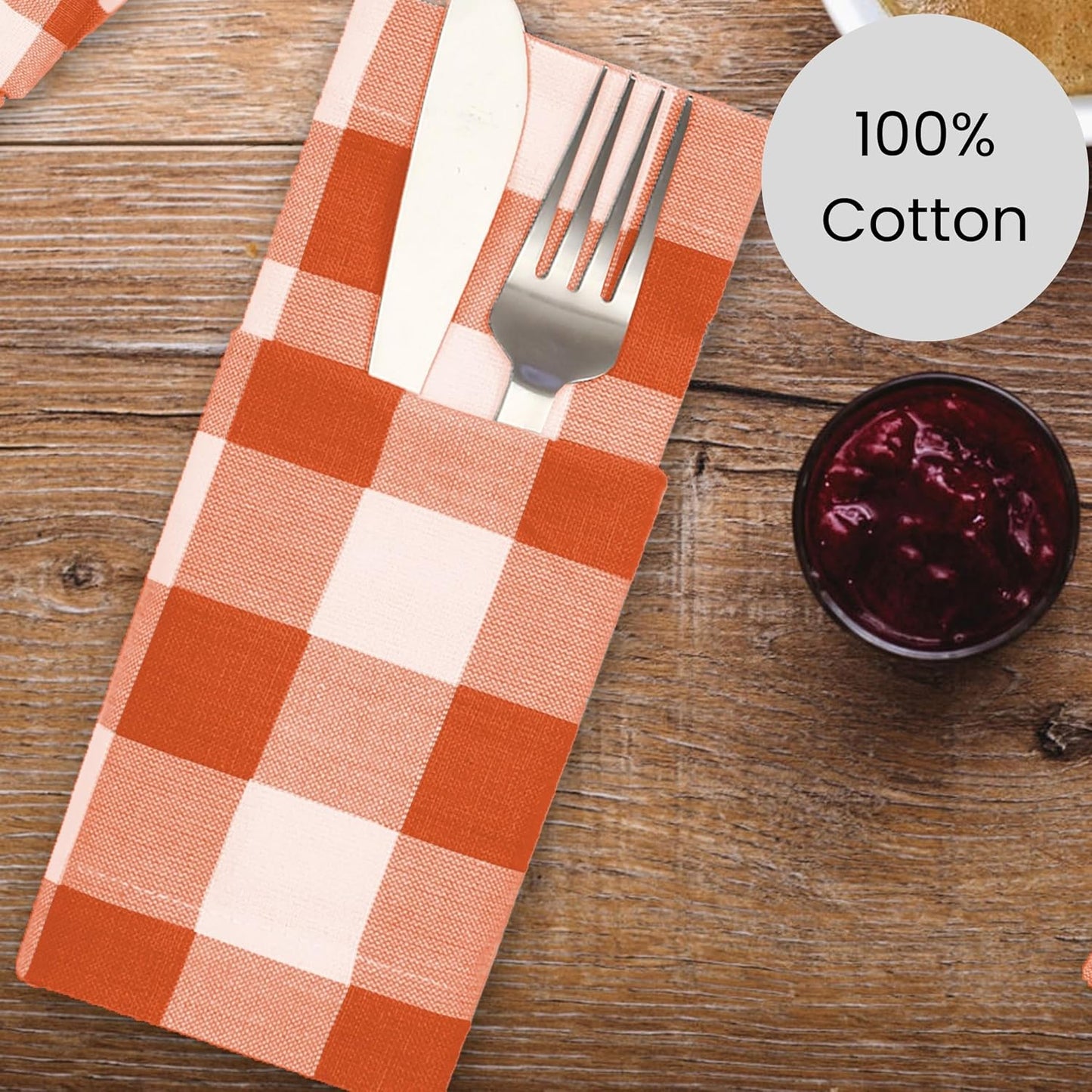 Cotton Clinic Set of 12 Cloth Napkins Gingham Check 100% Cotton 20x20 inches - Soft Durable Washable - Ideal for Events Wedding Holidays Easter - Perfect Everyday Use Table Dinner Napkins Orange