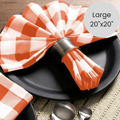 Cotton Clinic Set of 12 Cloth Napkins Gingham Check 100% Cotton 20x20 inches - Soft Durable Washable - Ideal for Events Wedding Holidays Easter - Perfect Everyday Use Table Dinner Napkins Orange