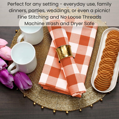 Cotton Clinic Set of 12 Cloth Napkins Gingham Check 100% Cotton 20x20 inches - Soft Durable Washable - Ideal for Events Wedding Holidays Easter - Perfect Everyday Use Table Dinner Napkins Orange