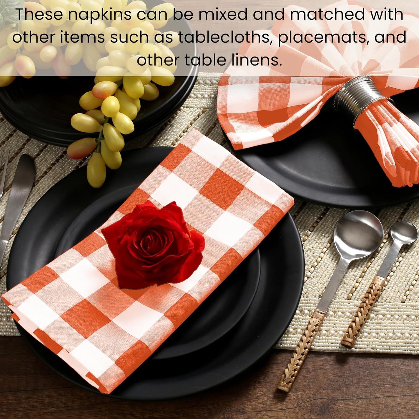 Cotton Clinic Set of 12 Cloth Napkins Gingham Check 100% Cotton 20x20 inches - Soft Durable Washable - Ideal for Events Wedding Holidays Easter - Perfect Everyday Use Table Dinner Napkins Orange