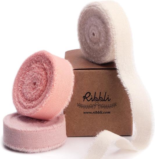 3 Rolls Pink Ribbon 5/8 Inch x 18Yards Ivory Blush Dusty Pink Handmade Cotton Frayed Fringe Ribbons for Gift Wrapping Wedding Invites Bridal Bouquets Baby Shower DIY Crafts Home Decor