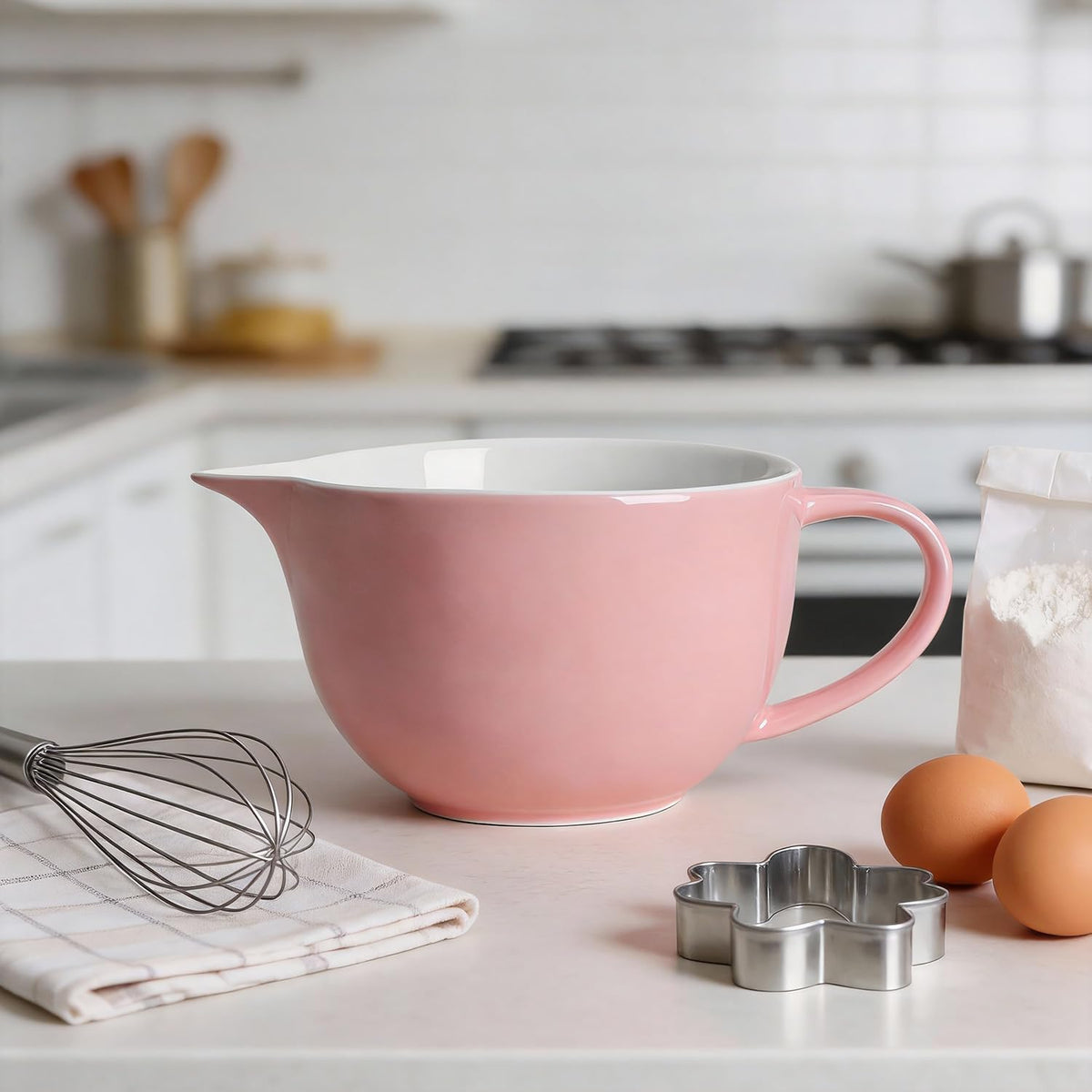 Simple Solid Color Kitchen Ceramic Mixing Bowl, 1 Quart Large Bowl, with Pouring Spout and Handle