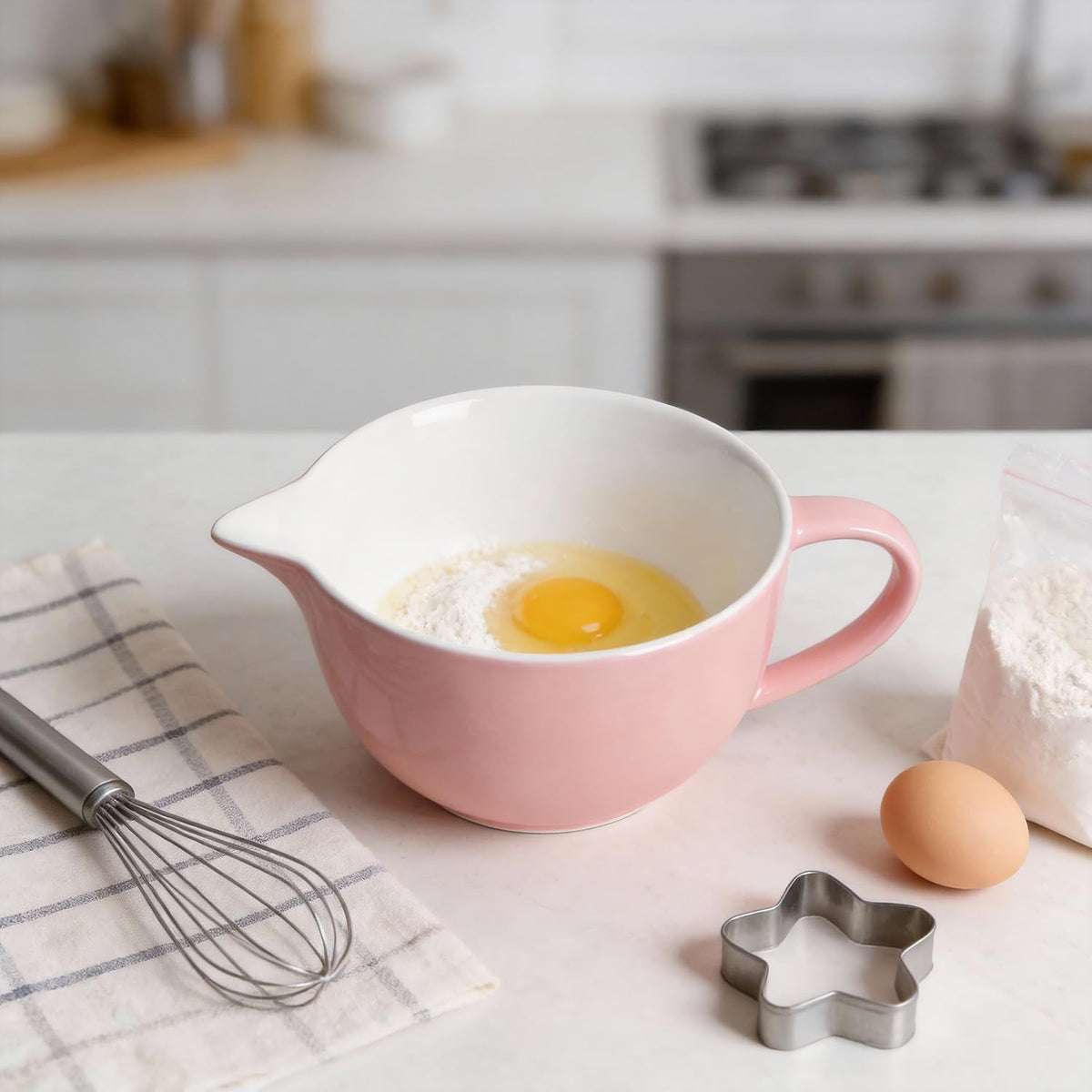 Simple Solid Color Kitchen Ceramic Mixing Bowl, 1 Quart Large Bowl, with Pouring Spout and Handle