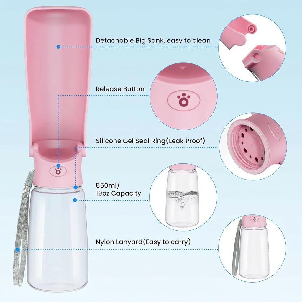 Portable Dog Water Bottle for Walking – 19oz / 12oz Foldable Pet Water Dispenser for Puppies, Medium & Large Dogs – Leak Proof Travel Water Bowl for Small Animals Dog Accessories(19OZ Pink)