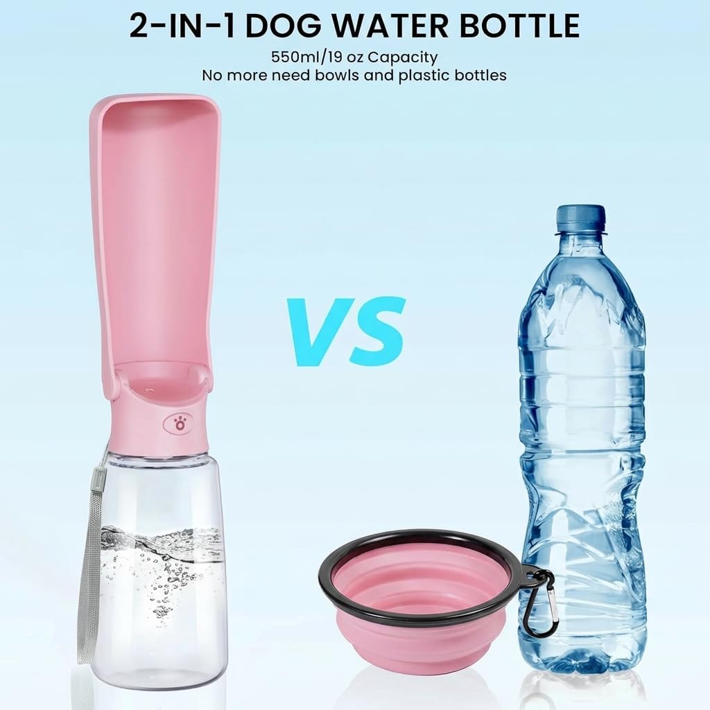 Portable Dog Water Bottle for Walking – 19oz / 12oz Foldable Pet Water Dispenser for Puppies, Medium & Large Dogs – Leak Proof Travel Water Bowl for Small Animals Dog Accessories(19OZ Pink)