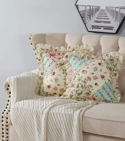 Pink & Green Roses Ruffle Pillowshams Set, 18"x18"