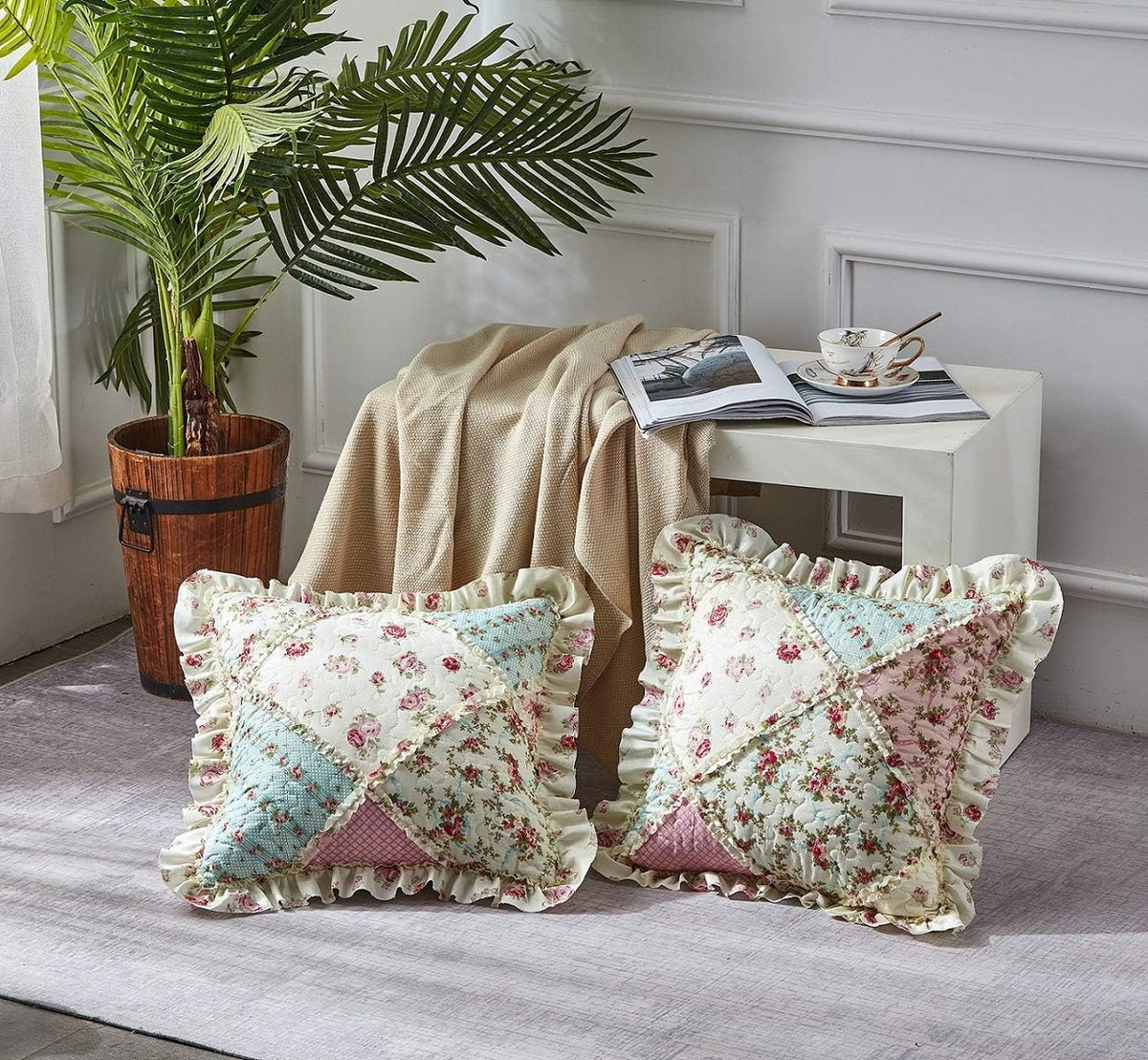 Pink & Green Roses Ruffle Pillowshams Set, 18"x18"