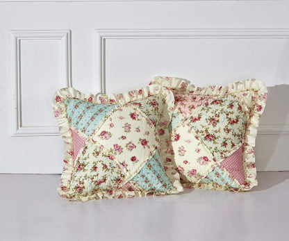 Pink & Green Roses Ruffle Pillowshams Set, 18"x18"