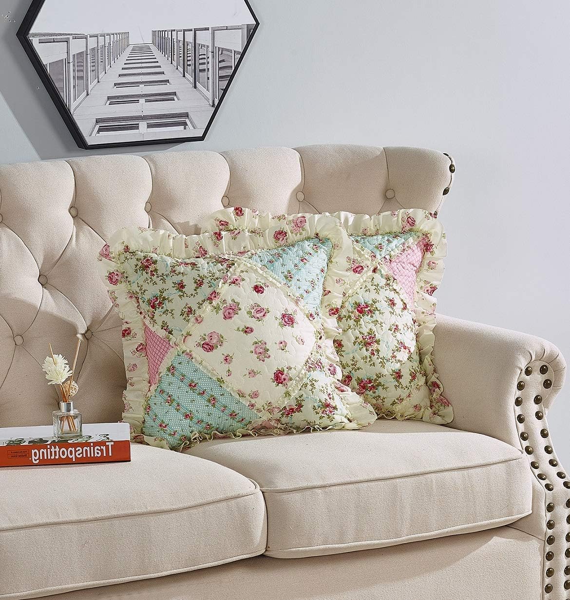 Pink & Green Roses Ruffle Pillowshams Set, 18"x18"