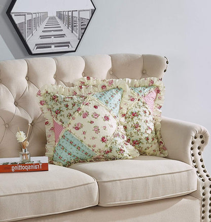 Pink & Green Roses Ruffle Pillowshams Set, 18"x18"