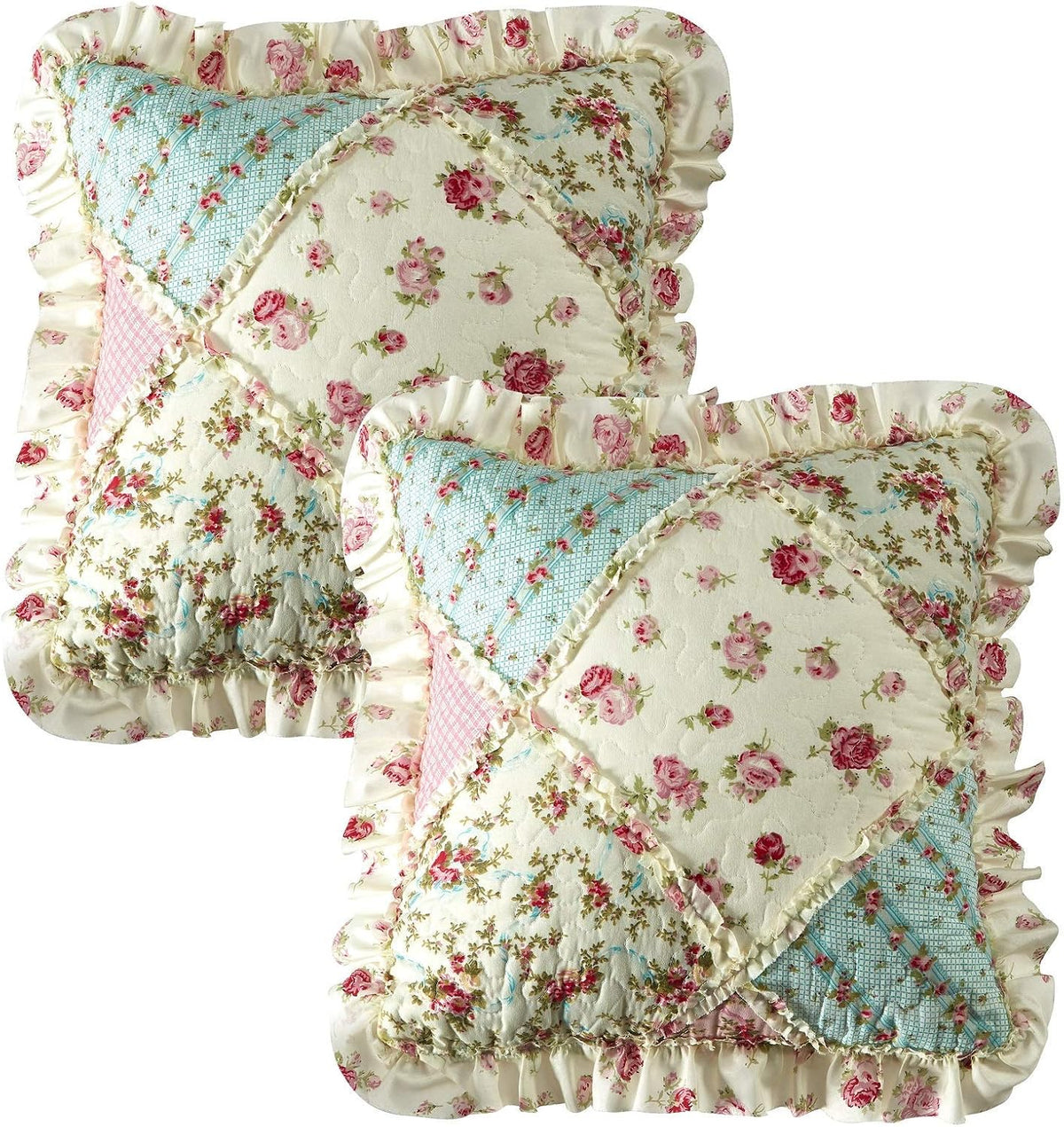 Pink & Green Roses Ruffle Pillowshams Set, 18"x18"