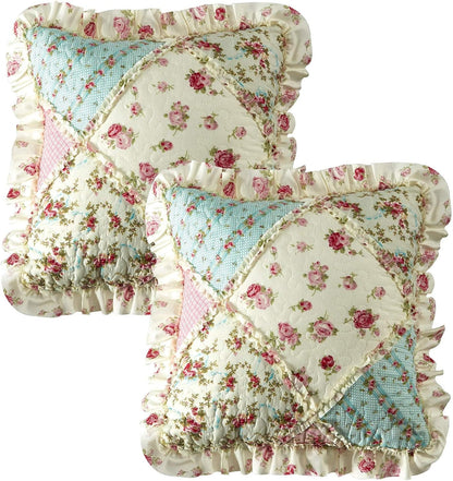 Pink & Green Roses Ruffle Pillowshams Set, 18"x18"