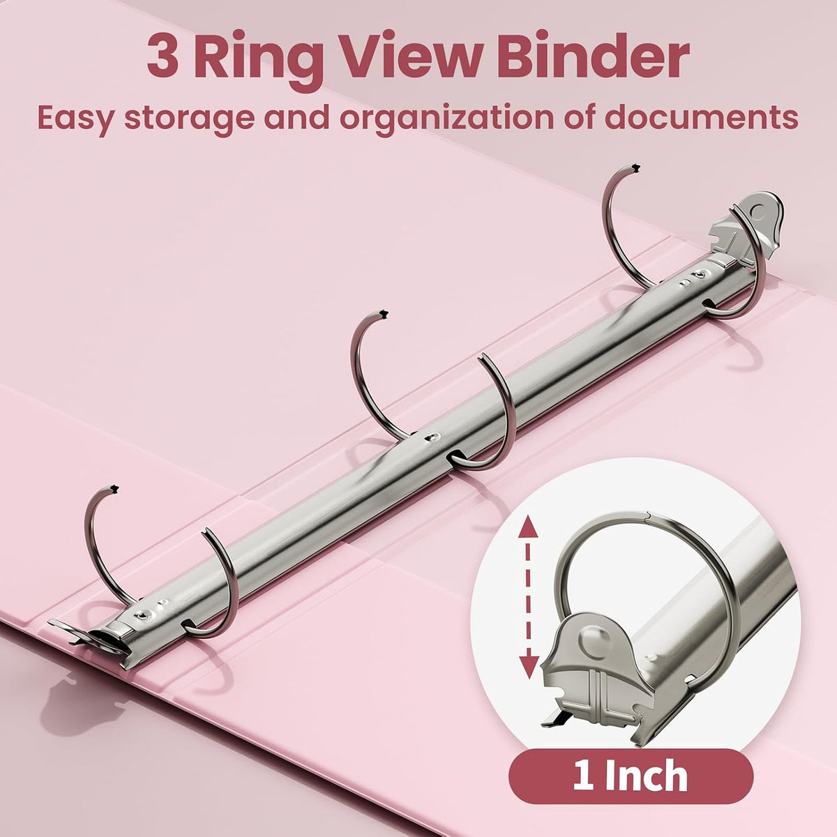 3 Ring Binder 1 Inch 4 Pack, Clear View 1" Binders Three Ring PVC-Free (Fit 8.5x11 Inches) for School or Office Supplies, Pink