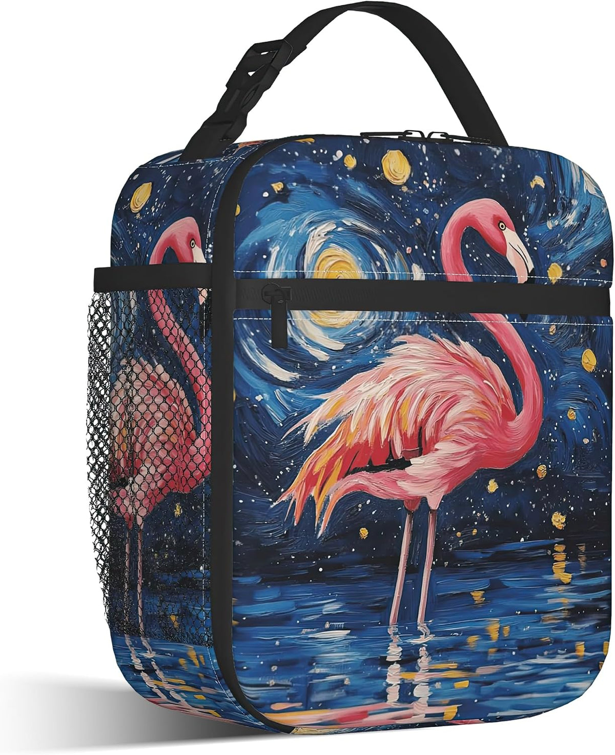 Pink Flamingo Reusable Lunch Bag,Blue Starry Sky Insulated Lunch Box with Side Pockets for Girls Boys Women Portable Thermal Cooler Bag for Teens School,Work,Picnic,Beach