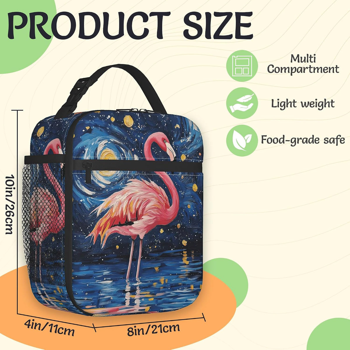 Pink Flamingo Reusable Lunch Bag,Blue Starry Sky Insulated Lunch Box with Side Pockets for Girls Boys Women Portable Thermal Cooler Bag for Teens School,Work,Picnic,Beach