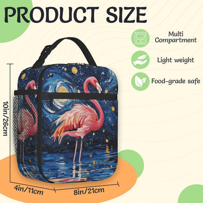Pink Flamingo Reusable Lunch Bag,Blue Starry Sky Insulated Lunch Box with Side Pockets for Girls Boys Women Portable Thermal Cooler Bag for Teens School,Work,Picnic,Beach