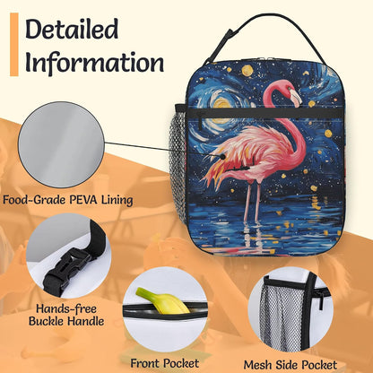 Pink Flamingo Reusable Lunch Bag,Blue Starry Sky Insulated Lunch Box with Side Pockets for Girls Boys Women Portable Thermal Cooler Bag for Teens School,Work,Picnic,Beach