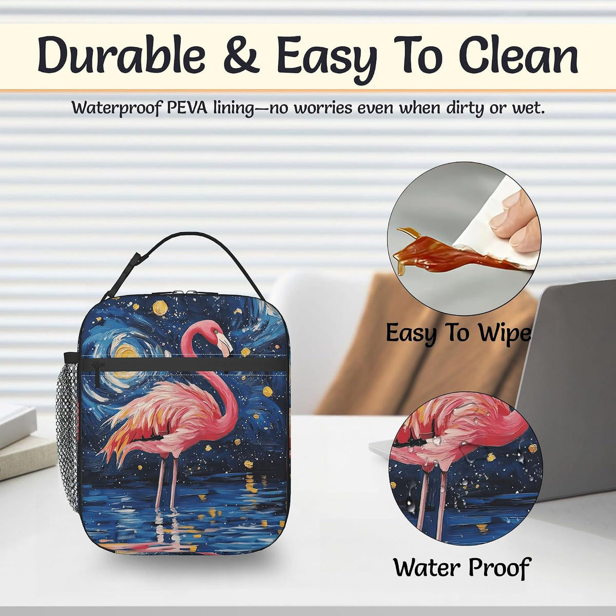 Pink Flamingo Reusable Lunch Bag,Blue Starry Sky Insulated Lunch Box with Side Pockets for Girls Boys Women Portable Thermal Cooler Bag for Teens School,Work,Picnic,Beach