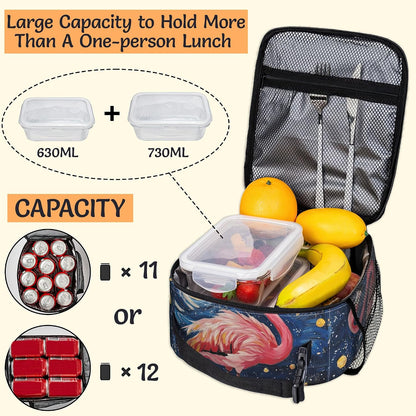 Pink Flamingo Reusable Lunch Bag,Blue Starry Sky Insulated Lunch Box with Side Pockets for Girls Boys Women Portable Thermal Cooler Bag for Teens School,Work,Picnic,Beach