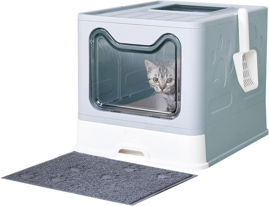 Medario Cat Litter Box with Litter Mat and Scoop, Large Covered Litter Box with Lid, Enclosed Kitty Box, Front Entry Top Exit, Odor Control, Easy to Clean (Blue)