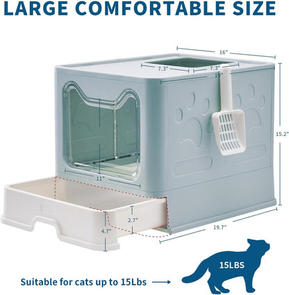 Medario Cat Litter Box with Litter Mat and Scoop, Large Covered Litter Box with Lid, Enclosed Kitty Box, Front Entry Top Exit, Odor Control, Easy to Clean (Blue)