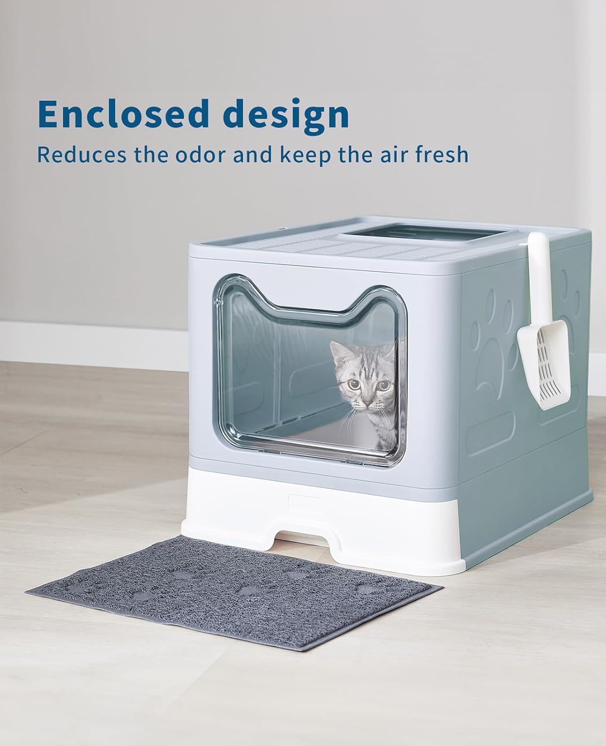 Medario Cat Litter Box with Litter Mat and Scoop, Large Covered Litter Box with Lid, Enclosed Kitty Box, Front Entry Top Exit, Odor Control, Easy to Clean (Blue)