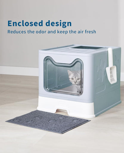 Medario Cat Litter Box with Litter Mat and Scoop, Large Covered Litter Box with Lid, Enclosed Kitty Box, Front Entry Top Exit, Odor Control, Easy to Clean (Blue)