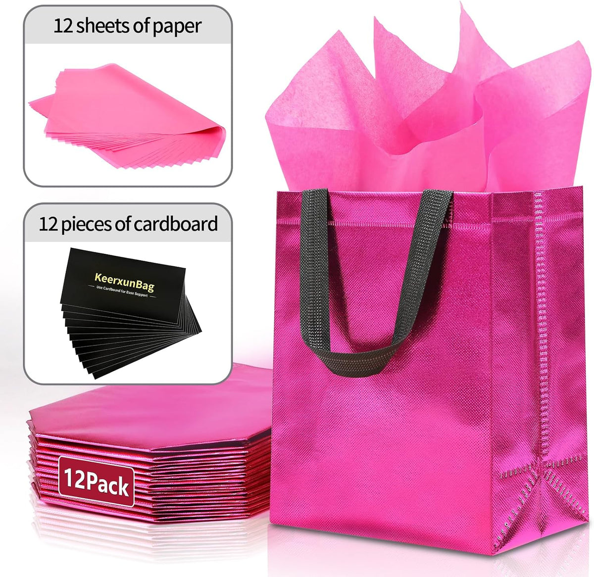 Magenta Gift Bags - 12pk - Reusable - With Inner Liner Paper