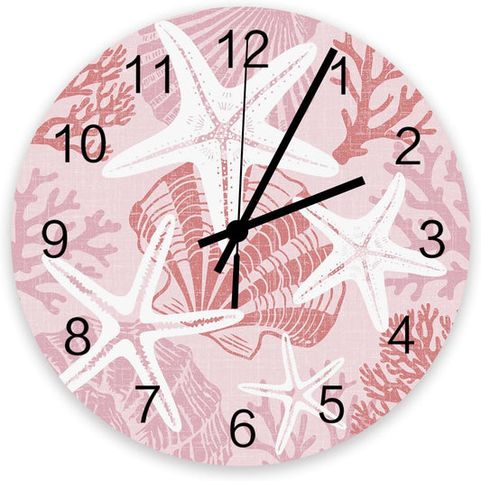 Pink Starfish Wall Clock Silent Non Ticking Coral Shell Ocean Vintage Coastal Large Wall Clocks Battery Operated Decor for Home Kitchen Living Room Bathroom Office School Bedroom, 11.8 Inch