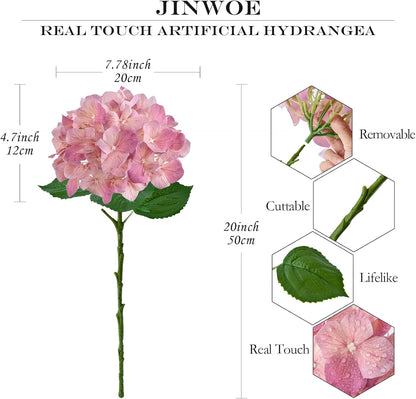 JINWOE Pink Artificial Hydrangeas, 4Pcs Latex Real Touch 20" Lifelike Boho Large Flowers with Stems, Artificial Flowers for Wedding Bouquet Table Centerpieces Home Outdoor (Peach Pink)