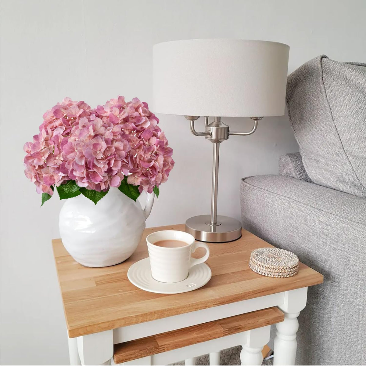 JINWOE Pink Artificial Hydrangeas, 4Pcs Latex Real Touch 20" Lifelike Boho Large Flowers with Stems, Artificial Flowers for Wedding Bouquet Table Centerpieces Home Outdoor (Peach Pink)