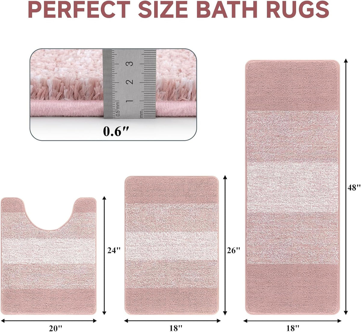 3 Piece Bathroom Rug Set, Microfiber Non Slip Bath Mats, Dusty Pink