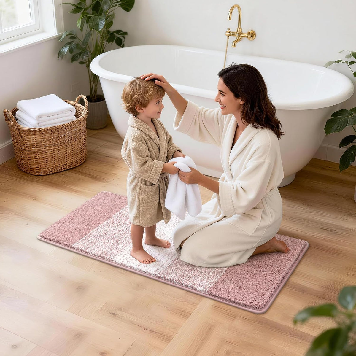 3 Piece Bathroom Rug Set, Microfiber Non Slip Bath Mats, Dusty Pink