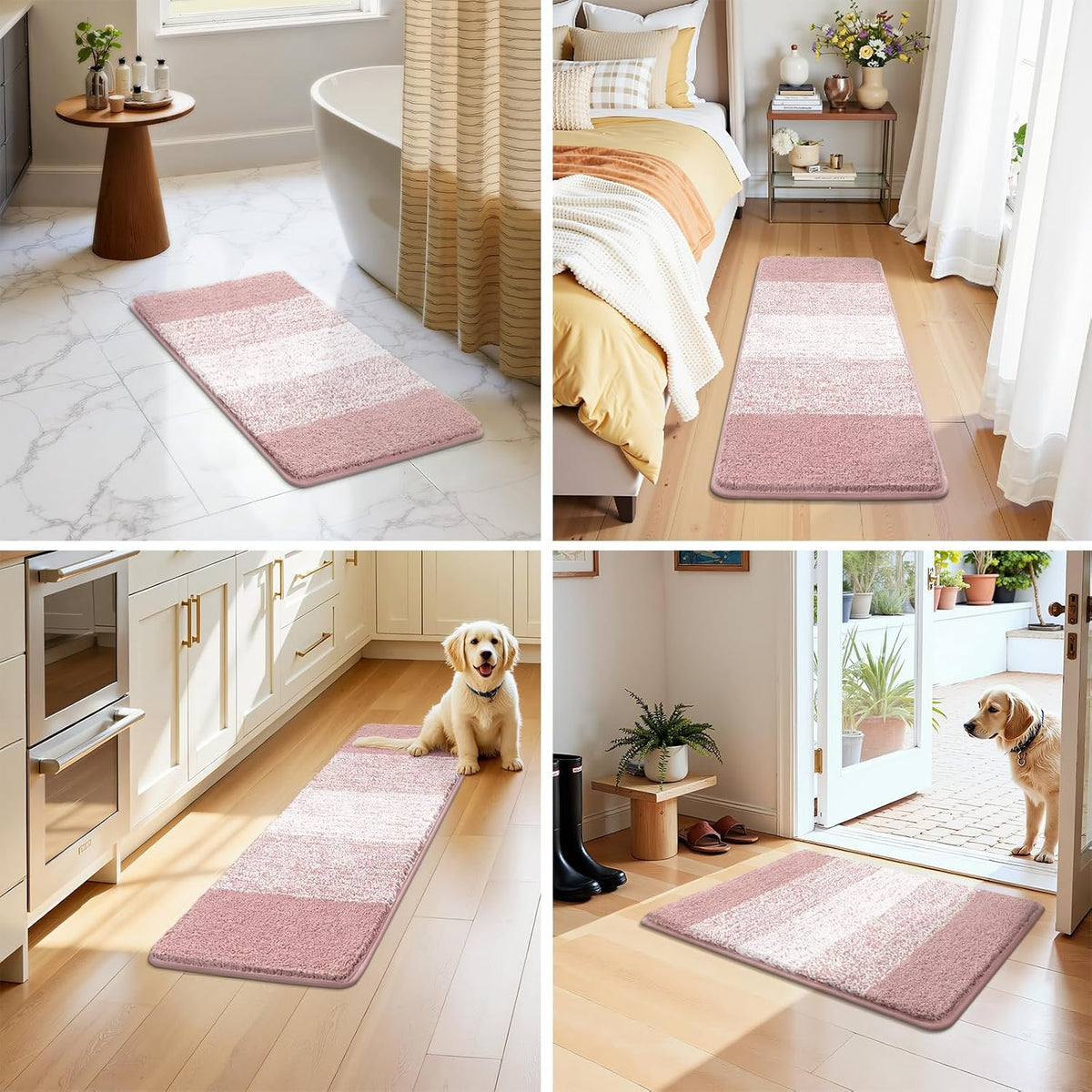 3 Piece Bathroom Rug Set, Microfiber Non Slip Bath Mats, Dusty Pink