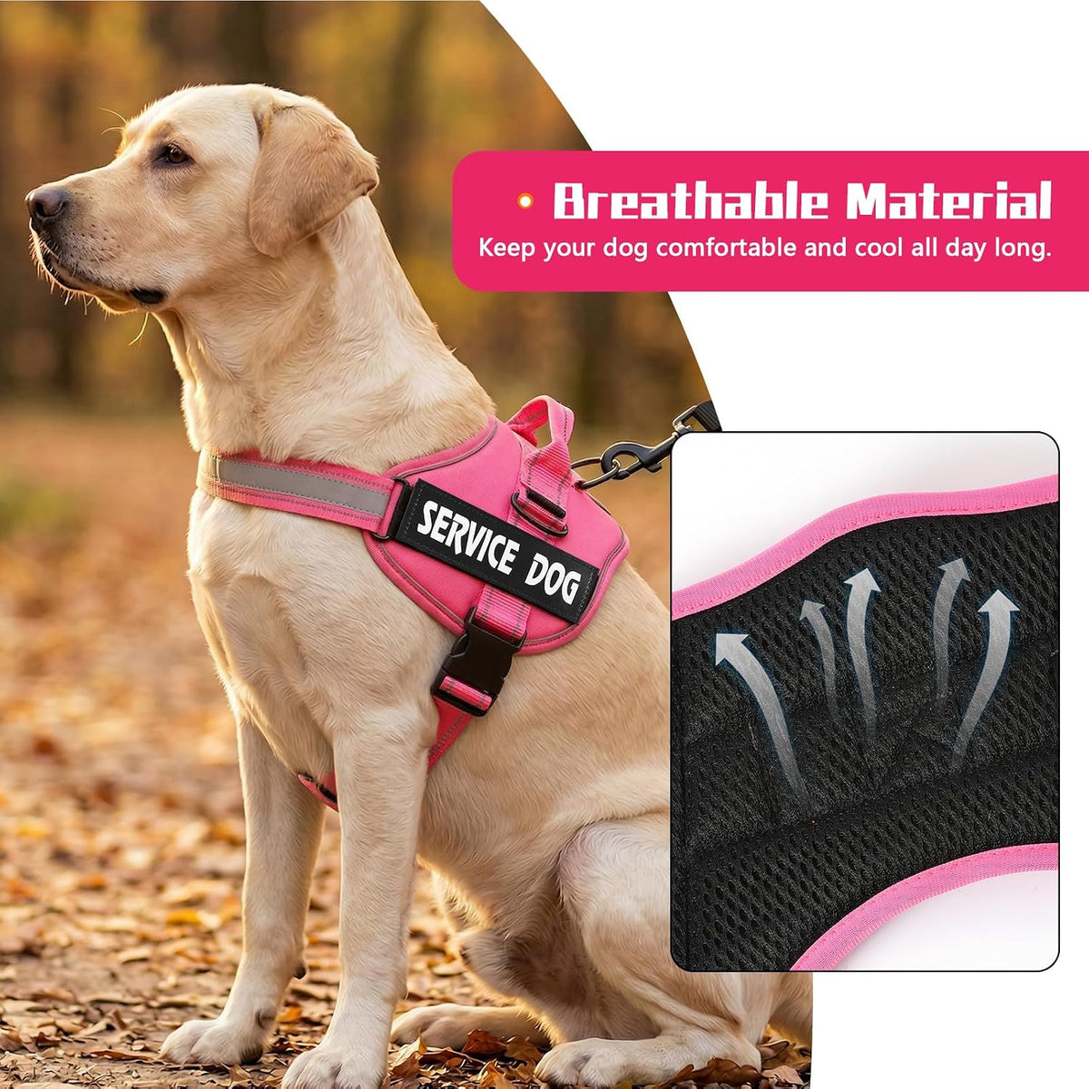 Service Dog Harness, No Pull & Reflective Pet Vest, Hot Pink, S