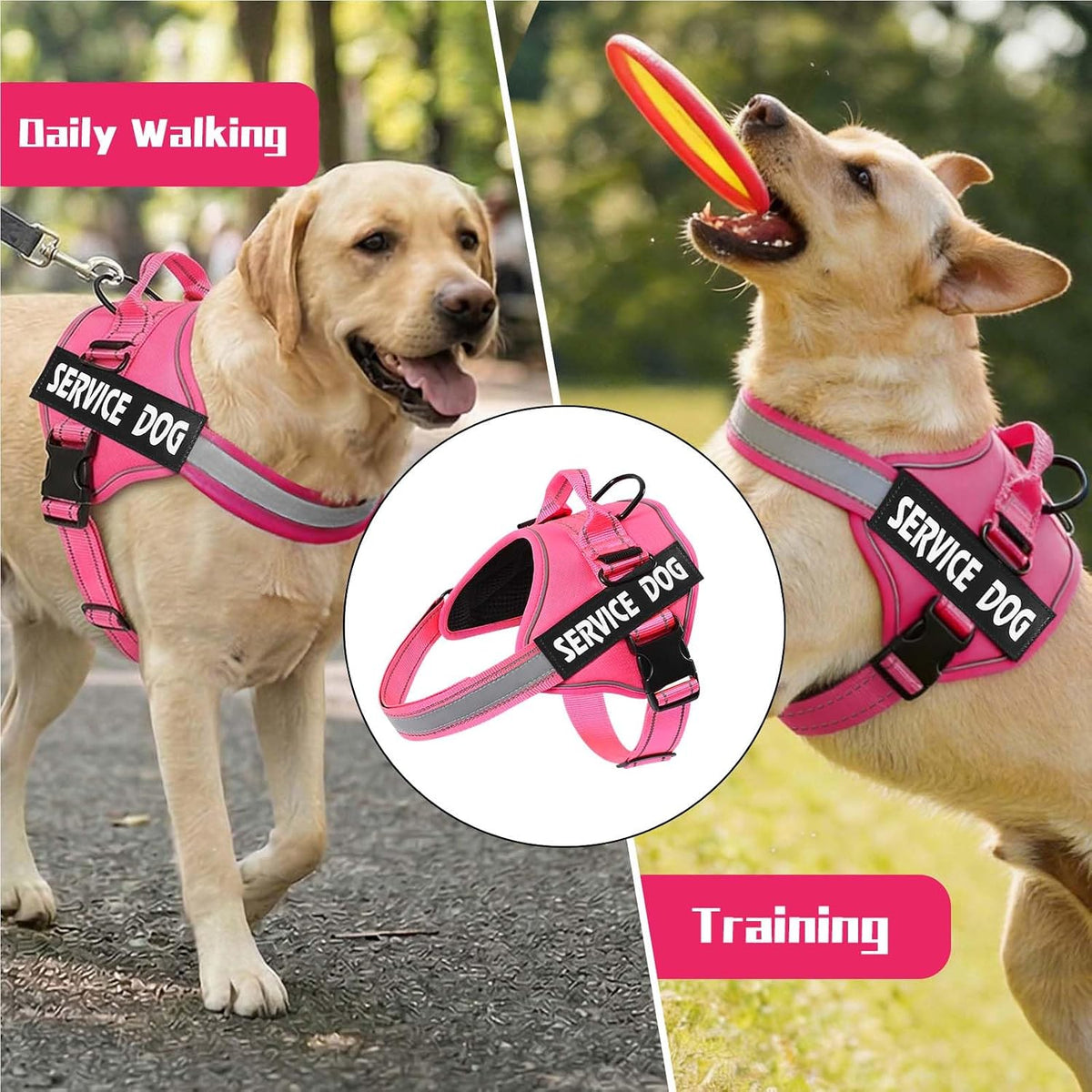 Service Dog Harness, No Pull & Reflective Pet Vest, Hot Pink, S