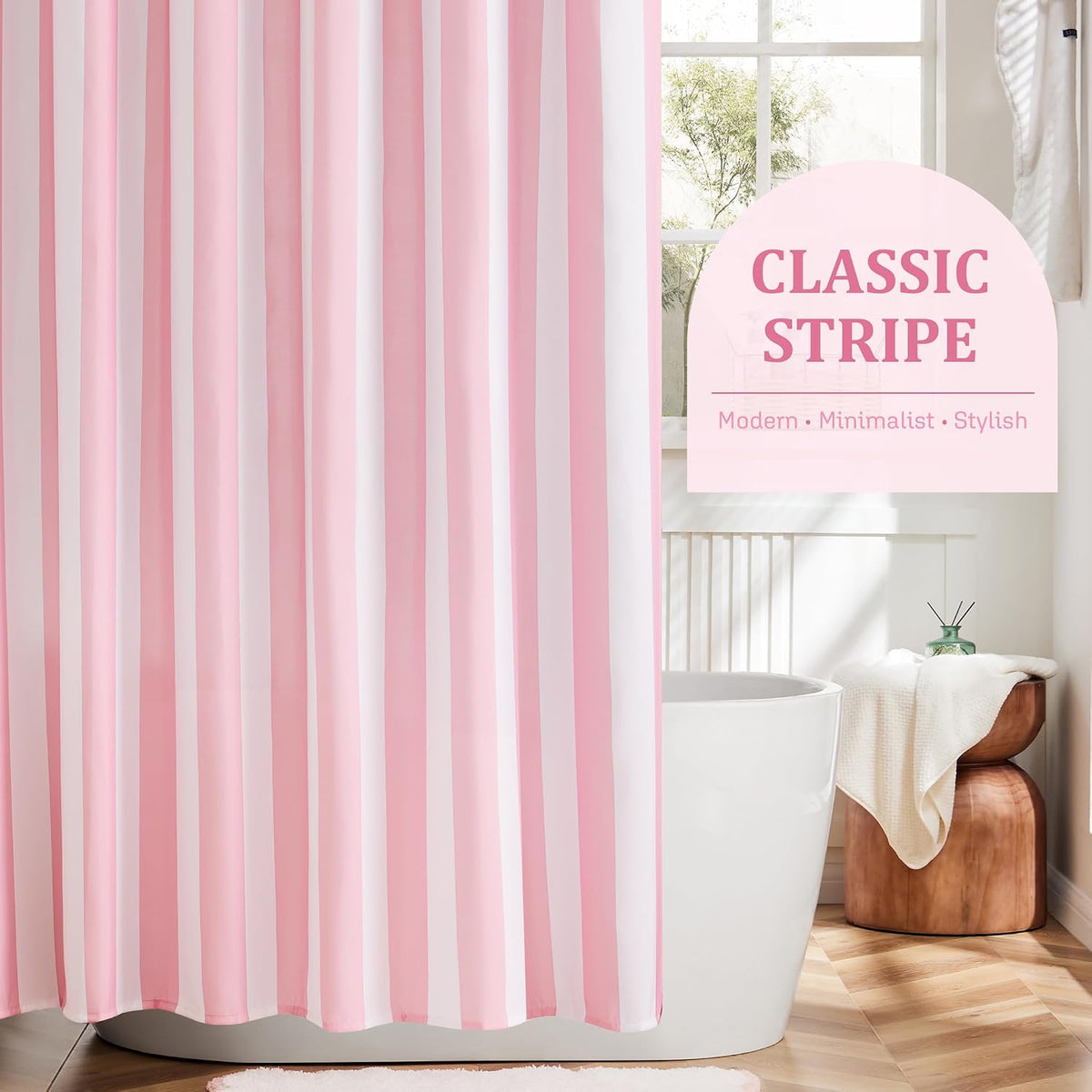 Vertical Striped Shower Curtain, Cute Retro Vintage Stripe Bathroom Shower Curtain, Waterproof Polyester Fabric Modern Bath Curtain for Bathroom 72x72 Inches Pink