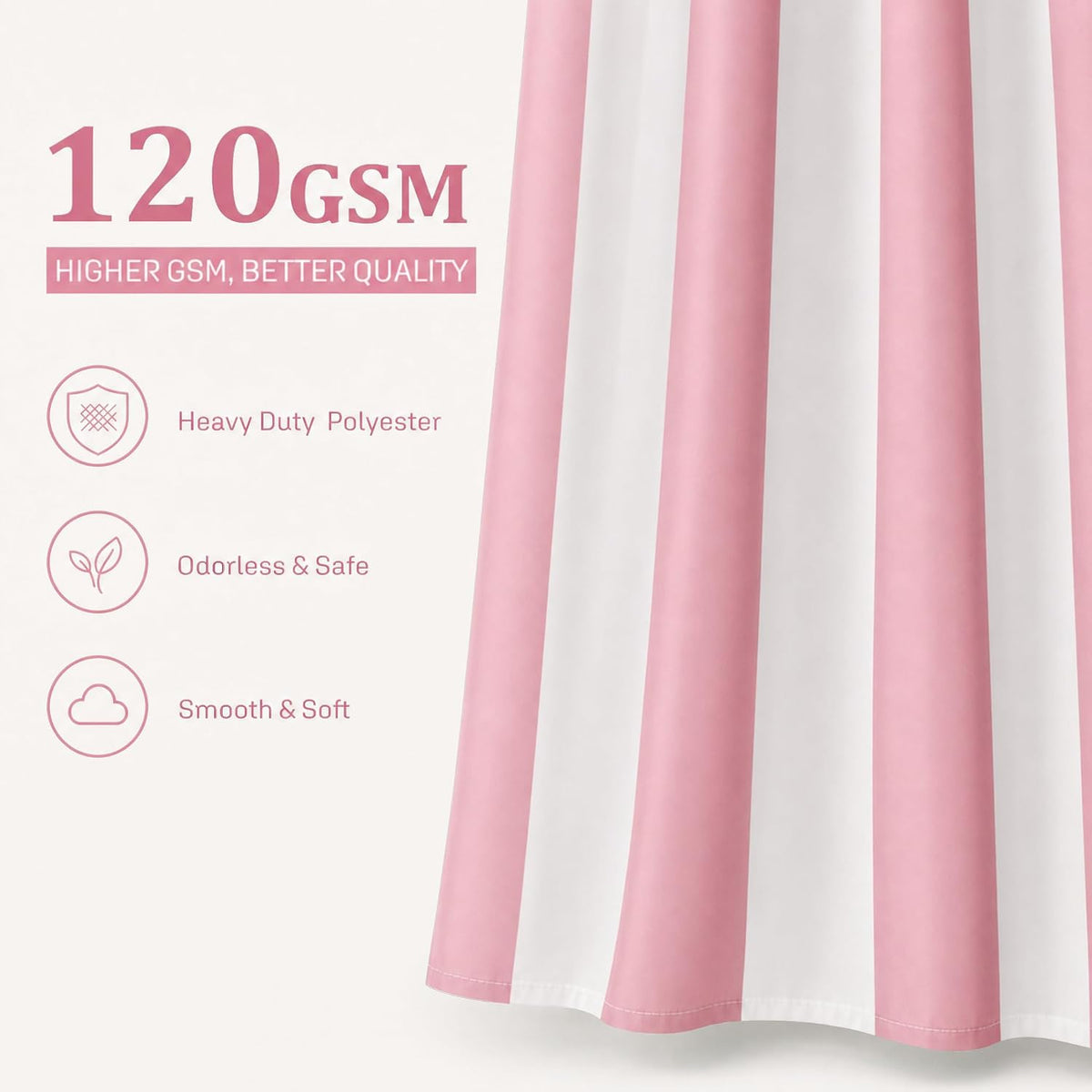 Vertical Striped Shower Curtain, Cute Retro Vintage Stripe Bathroom Shower Curtain, Waterproof Polyester Fabric Modern Bath Curtain for Bathroom 72x72 Inches Pink