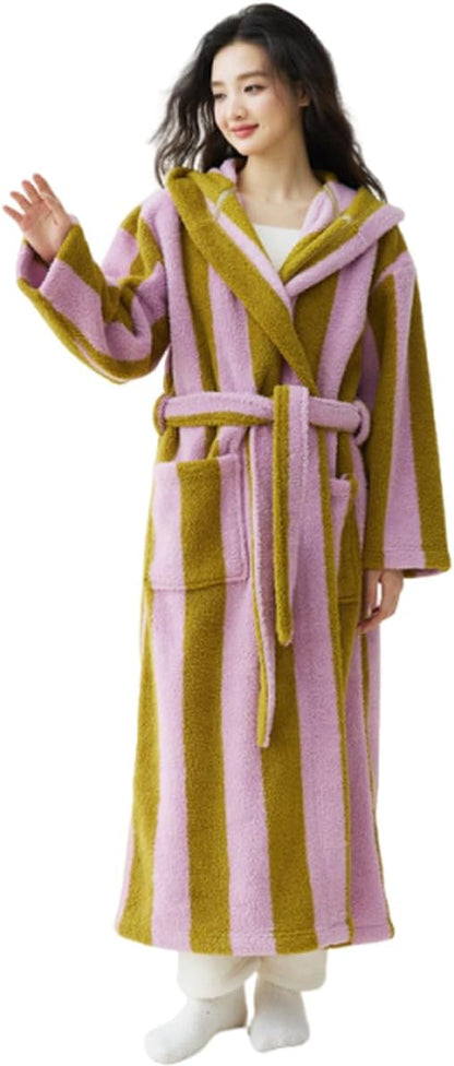 Womens Cute Striped Terry Cloth Long Robe Soft Hooded Coral Fleece Spa Bathrobe Warm Cozy Plush House Coat