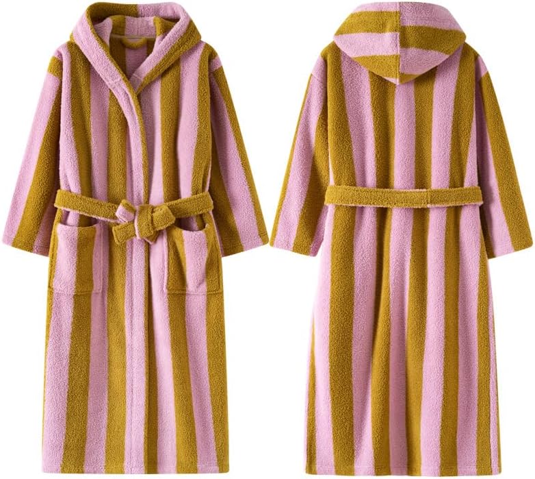 Womens Cute Striped Terry Cloth Long Robe Soft Hooded Coral Fleece Spa Bathrobe Warm Cozy Plush House Coat