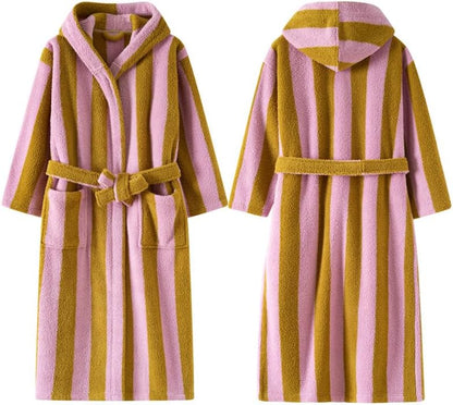 Womens Cute Striped Terry Cloth Long Robe Soft Hooded Coral Fleece Spa Bathrobe Warm Cozy Plush House Coat